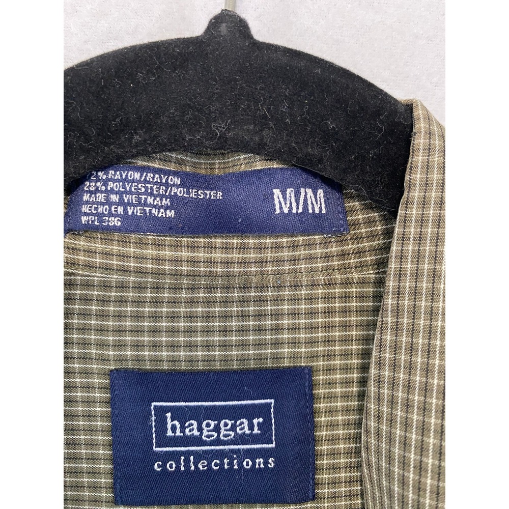 Haggar Button‎ Down Shirt Men M Olive Green Micro Check Long Sleeve Rayon - Picture 3 of 9